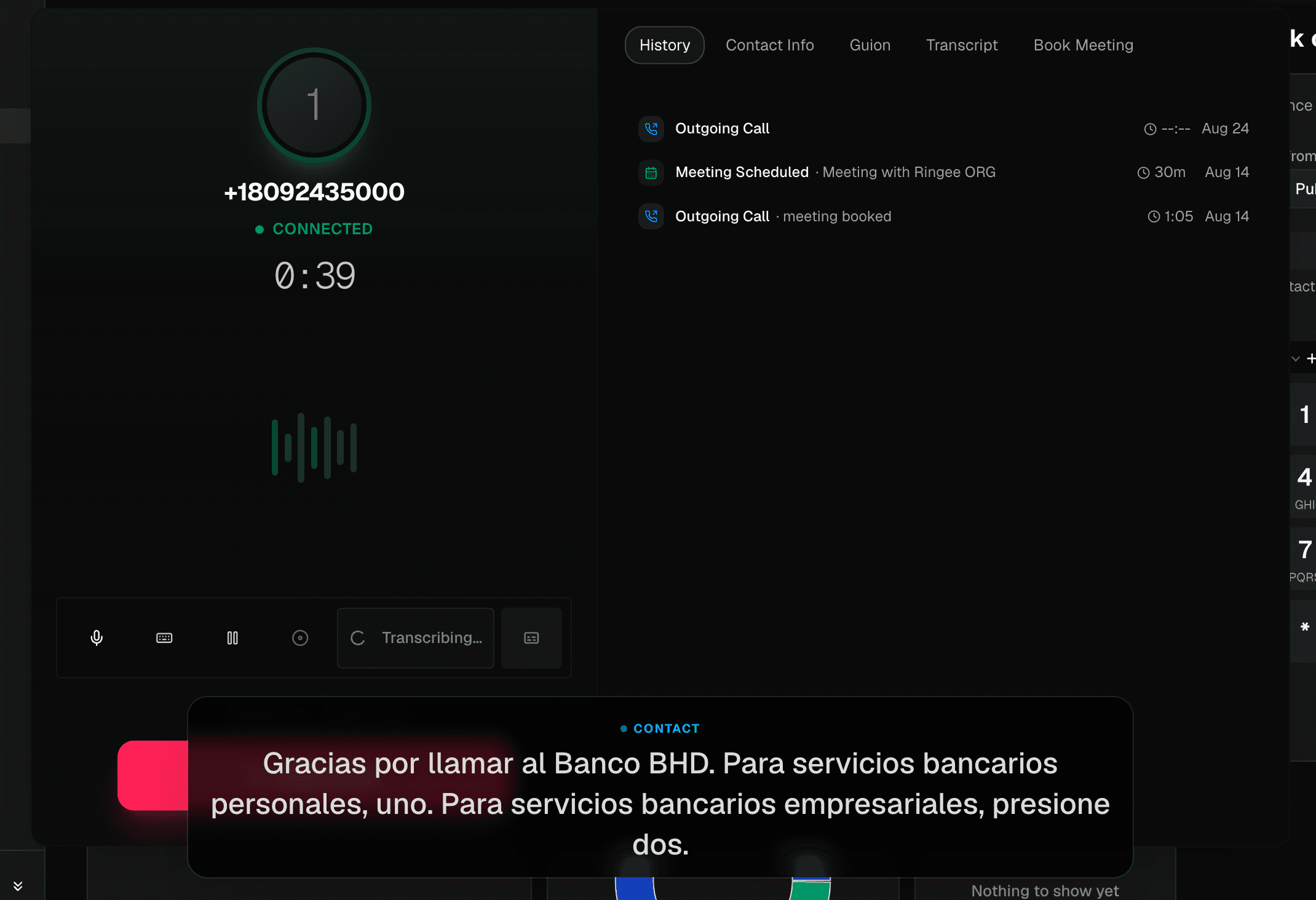 A live Ringee call — connected timer, waveform, real-time transcription, and the contact call and meeting history beside it.